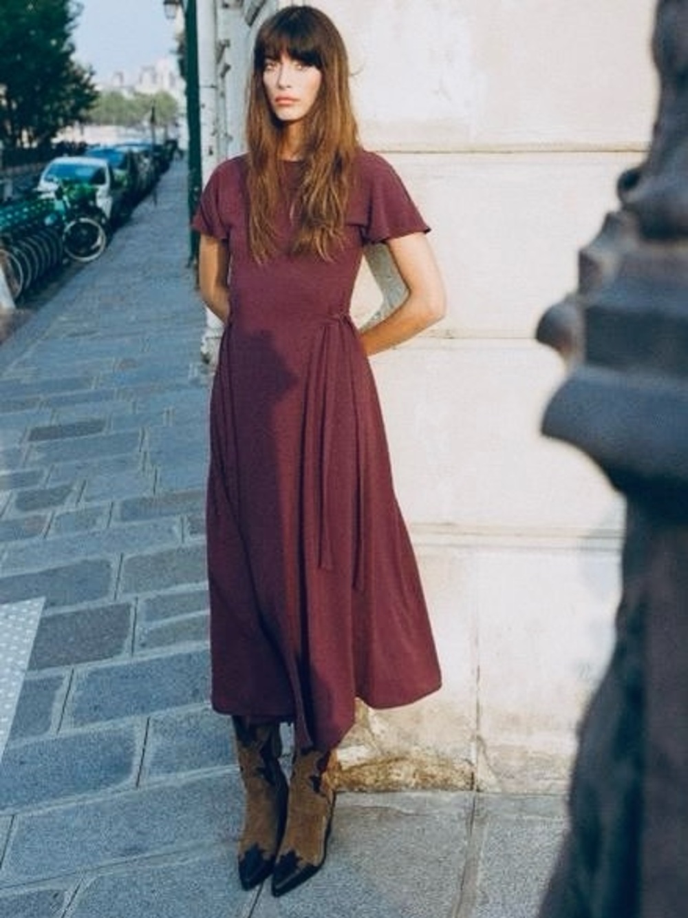 ZARA Flowy Burgundy Midi Dress with Tie Waist XL